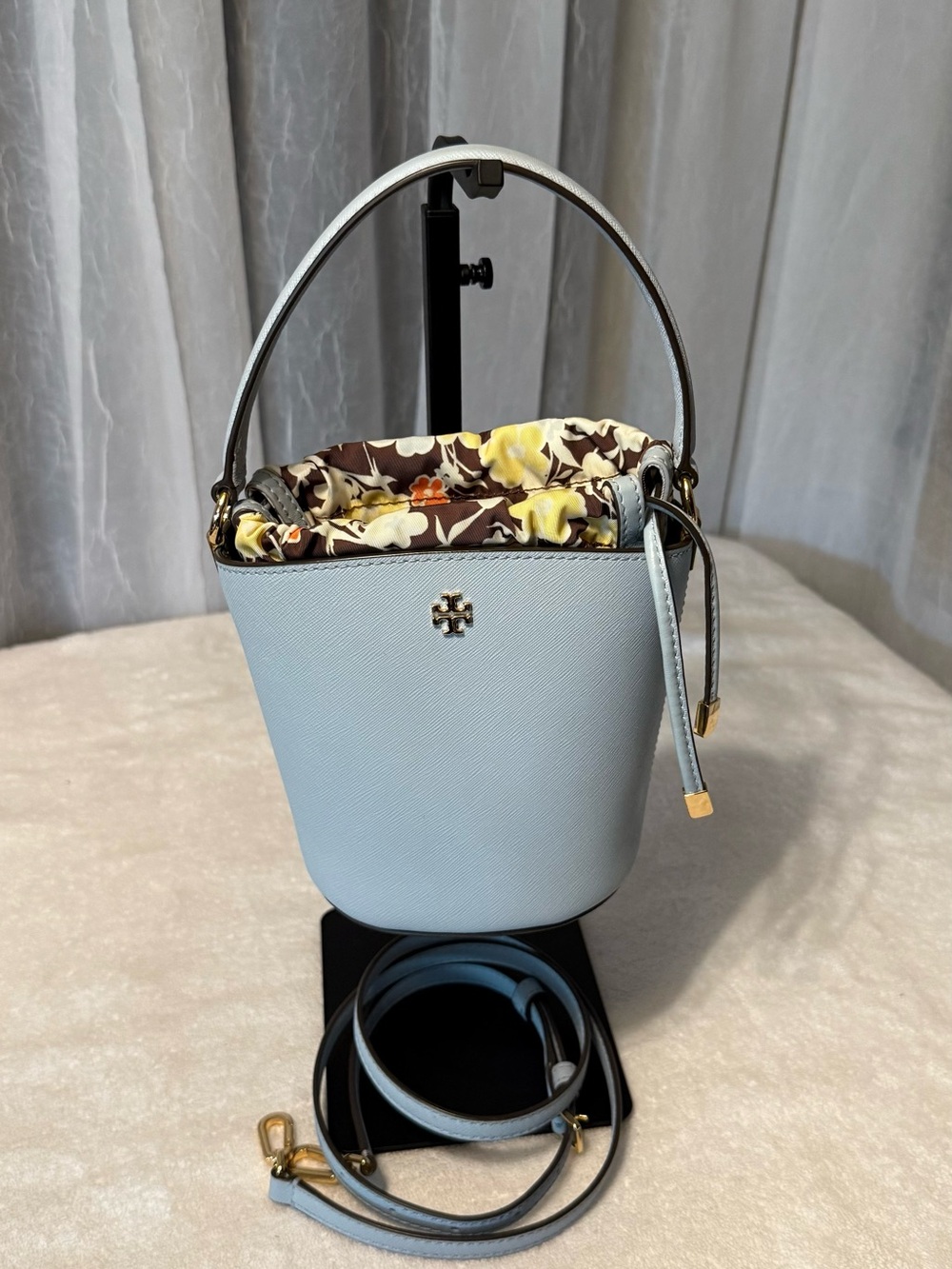 Tory Burch Light Blue Bucket Bag with Removable Floral Drawstring Pouch